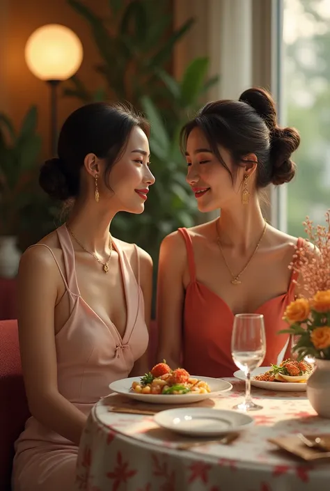 
Two women sit at a table with a plate of food
