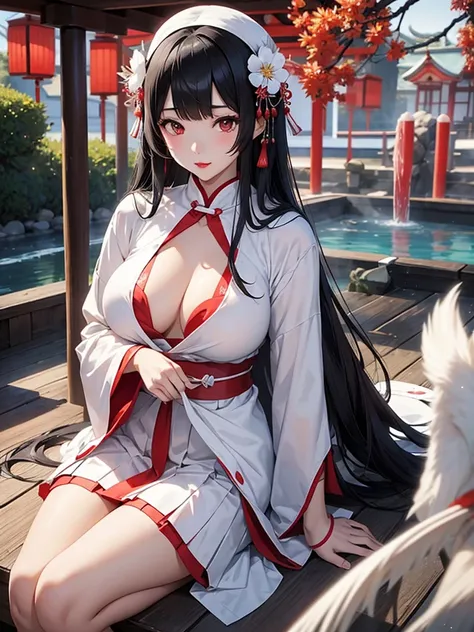 Japanese Mythology、Inari、goddess、 white shrine maiden costume arranged in a miniskirt、 long black hair 、 white skin、 red lips、 big breasts,Hot spring changing room、In the middle of taking off clothes