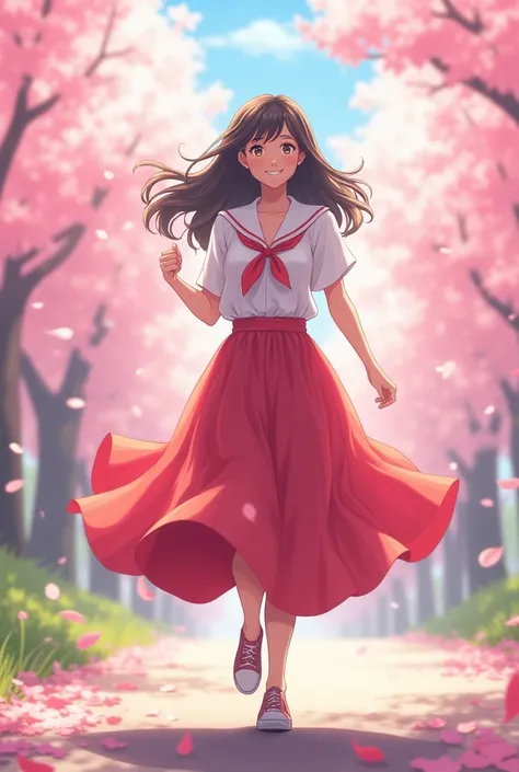 school girl, 22 years old, morning, running, pretty, real, cheerful, long skirt, cherry blossom