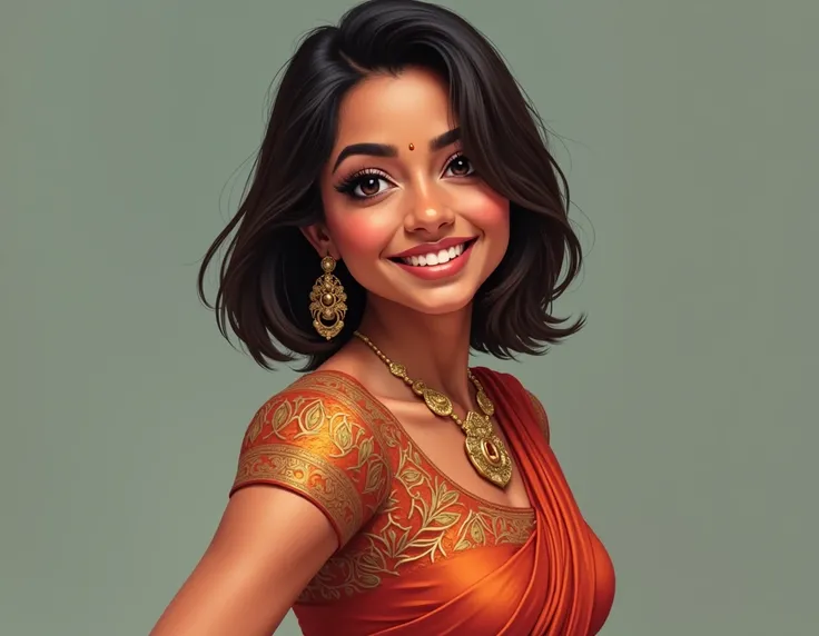 Happy smiling digital painting of a mallu sensual curvy woman having style short hair straight beautiful hairstyle, smile, happy, curvy sexy body, wearing a   frock