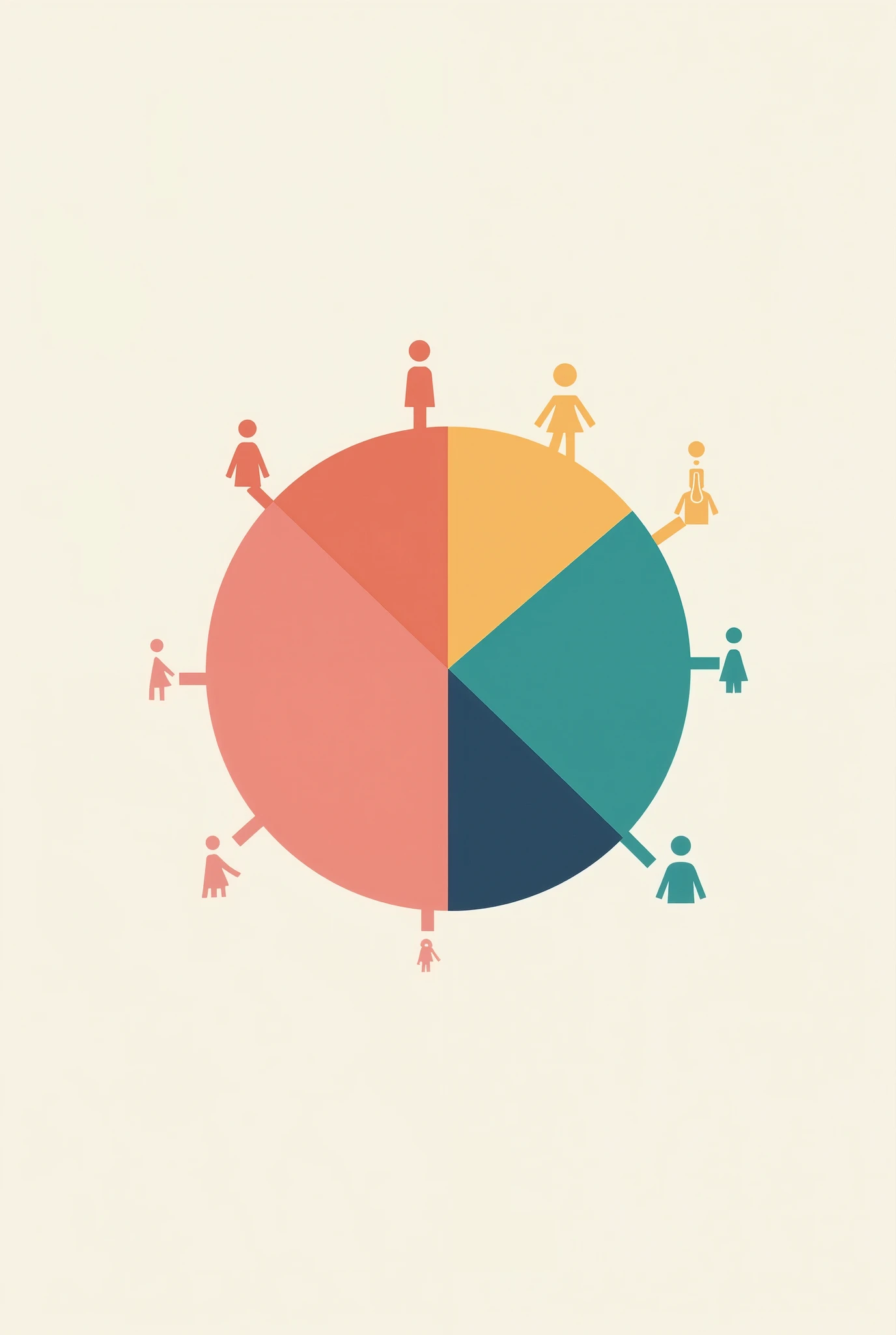 A pie chart.
Description of the pie chart is 25% man,50% women,25% ren. 