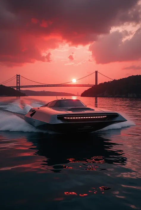 in the style of ck-mgs, A digital artwork in the style of cknc, a_skynet_cyberdyne_craft, the image is featuring a futuristic, highly advanced speedboat moving rapidly up an estuary with a large suspension bridge. The hull is made of a dark gunmetal alloy ...