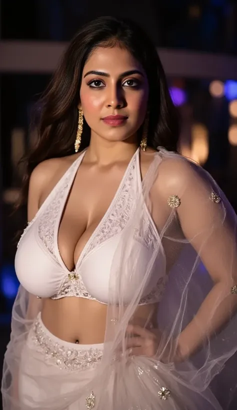 full body,front view,big boobs,cleavage,indian,standing position,transparent white saree,white cleavage bra,ring navel,body facing to camera,smile,night,light raining,red lipstick