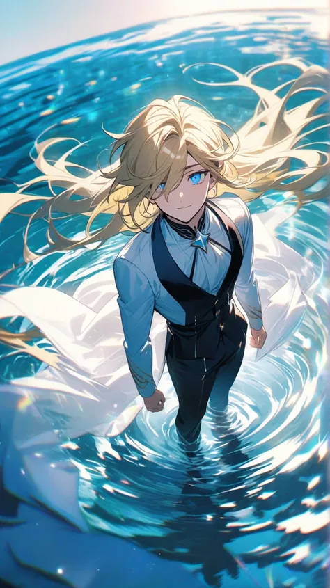 A transcendental handsome and cool man standing in a lake with blond hair, one eye hidden by his hair, and his eyes shining blue like a star