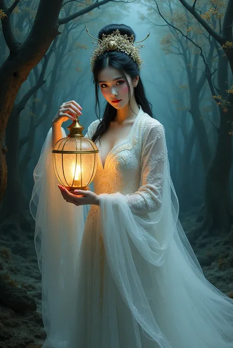 A vivid oil painting, a beautiful Chinese lady in white death costume , (Chinese opera make up:1.5), hourglass body, curvy, beautiful ,holding a lantern , dark night forest background , ray tracing 