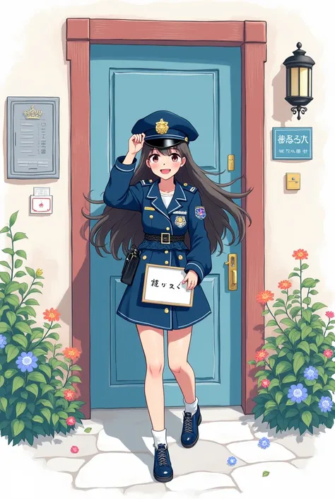  beautiful girl with long wavy hair，穿着波西米Peoples police enter and exit the unit door, surrounded by the police building,

Graphic illustration, UI Illustration, Gui,  Minimalism , white background, bright color scheme

--ar 3:4 --niji 6亚风格的连衣裙， The embroid...