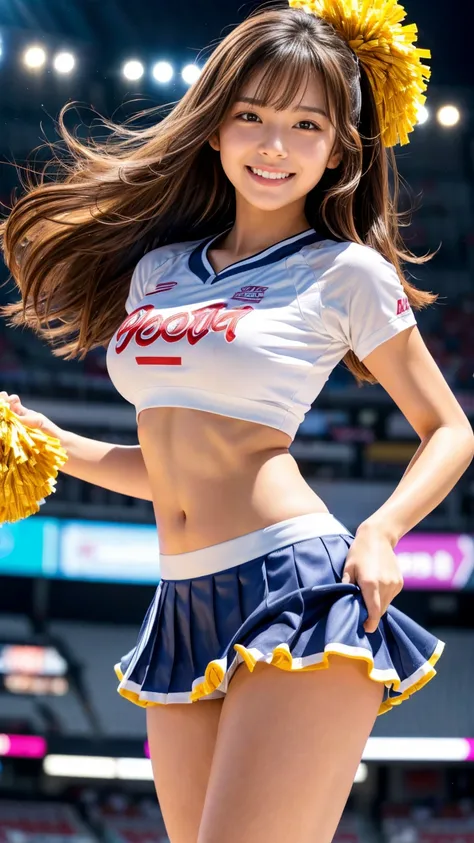 a beautiful cheerleader with long brown hair,japanese female,a cute face,and a big smile,wearing a sports uniform with a very short pleated mini skirt,holding large pompoms in both hands,posing in a stadium background,with highly detailed anatomy,realistic...