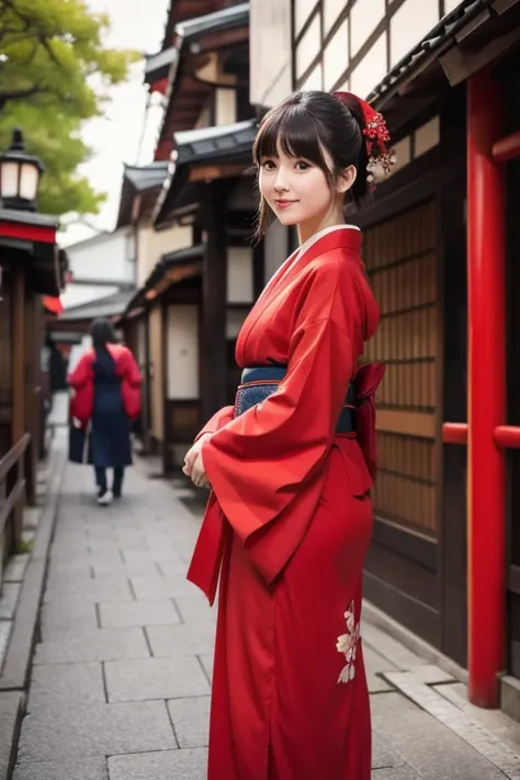 Beautiful with bangs 24 year old wearing red kimono, standing and posing in Japanese street. Solo