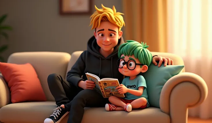 A heartwarming scene of an adult man (Paman) sitting on a couch, leaning slightly forward as he accompanies an  boy (Owo) reading a comic book. Paman, wearing a simple black hoodie, yellow hair, black jeans, and black-and-white Converse sneakers, has a gen...