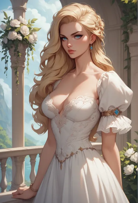 A beautiful blonde woman in her twenties. She is looking at the viewer with a serious expression, standing. She has well shape lips, Azure eyes, long blonde hair.  Wearing a white dress in a western fantasy setting. 