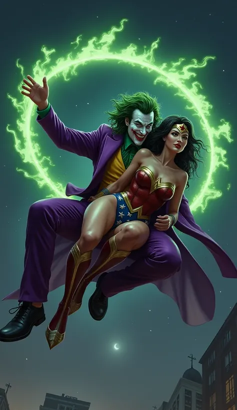 joker with a green halo flying at high speed. in the night sky. with wonder woman on his lap