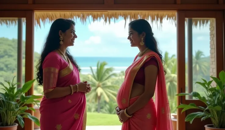 The image shows two women standing in a room with a thatched roof. They are both wearing traditional Indian sarees and are engaged in a conversation. The woman on the left is pregnant and is wearing a pink saree with gold embroidery. She has her hands clas...