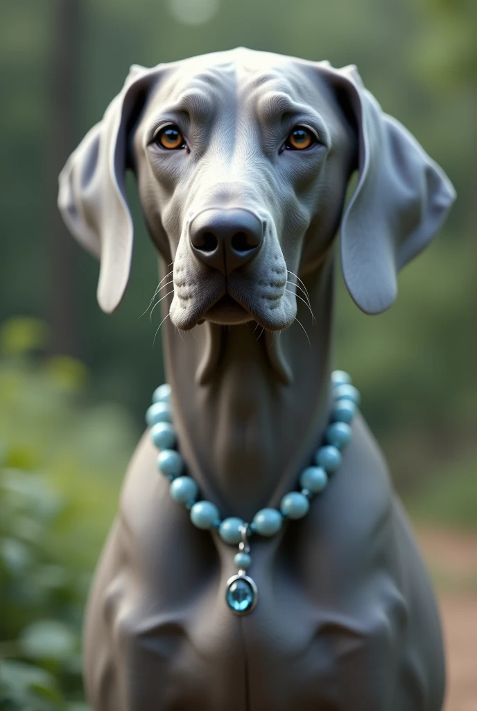 a Weimaranner dog with a light blue necklace and hazel eyes