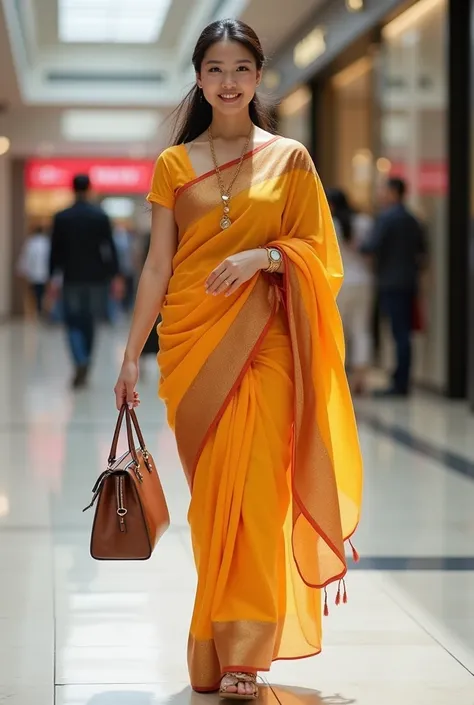 A beautiful Korean woman, long ponytail hair, slightly fat body in proportion with big breasts, smiling looking at the camera, wearing a Dhoty Style sari, wearing high heels, wearing a small gold necklace, wearing a watch, carrying a branded minaudiere typ...