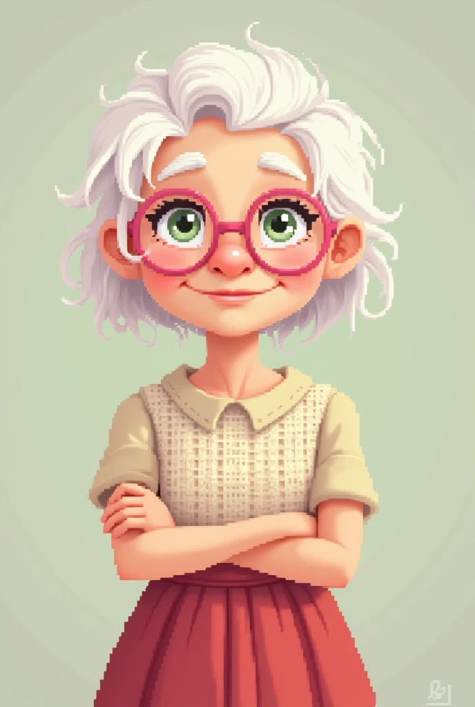 Create an elderly white lady in a pixel with white hair round pink glasses crochet blouse and a long red skirt 