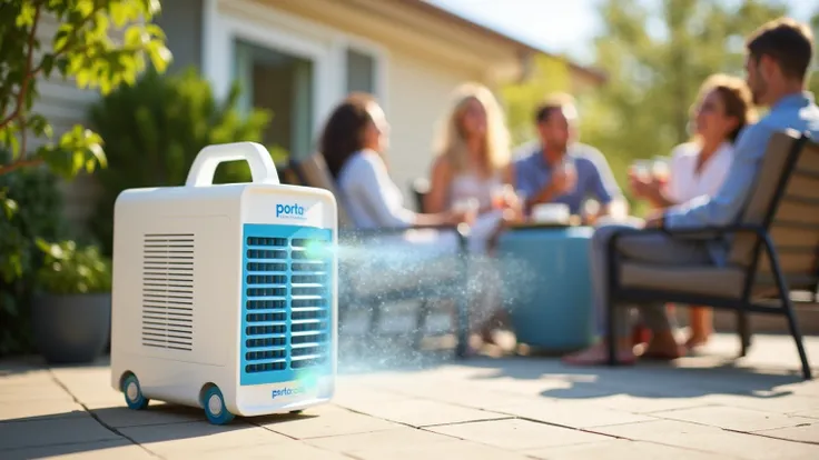 A detailed image of a Portacool unit placed on a residential patio during a sunny day. The cooler is actively running, providing a refreshing breeze to a family enjoying an outdoor gathering. The scene highlights the portability and efficiency of Portacool...