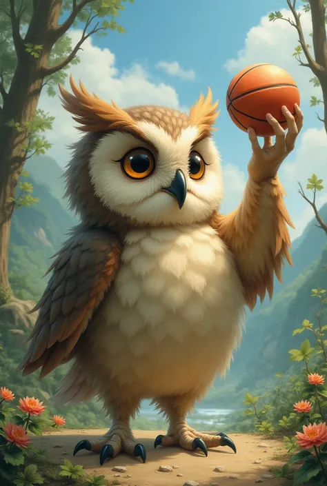  Owl hand holding dodge ball ，Wearing a dodge ball ， rendered in Miyazaki style