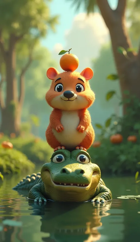 (photorealism:1.2), 3d cartoon, cute little capybara with an orange on its head, standing on a smiling crocodiles back, swamp