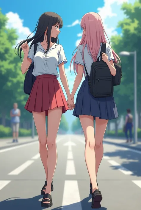 (( top quality )), ((masterpiece)), (  Details), At the Crossroads、 female high school student comparing leg length with passers-by.  A female high school student is walking beside a passerby　Passers-by are 160 cm tall　The height of female high school stud...