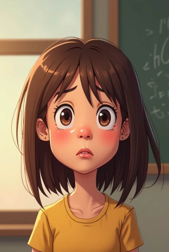  creates an animated style image of an  girl with straight hair, brown and shoulder-length .  She has fair skin and brown eyes the girl is talking to her elementary school teacher a lady of at least 40 years old with work experience, the girl is telling he...