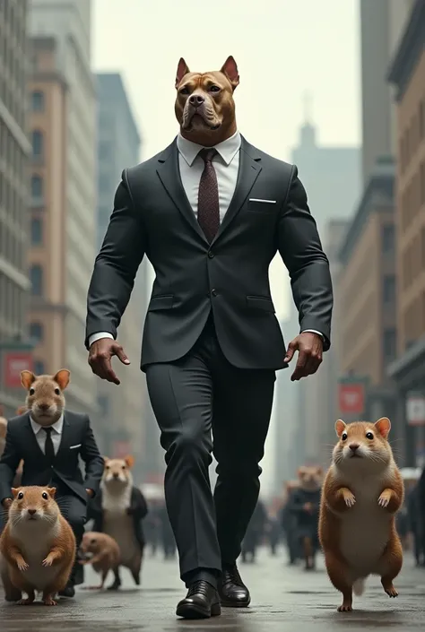  A muscular pitbull dog walking like a man in an executive suit in a city with several animals dressed in a manner similar to the Pitbull 