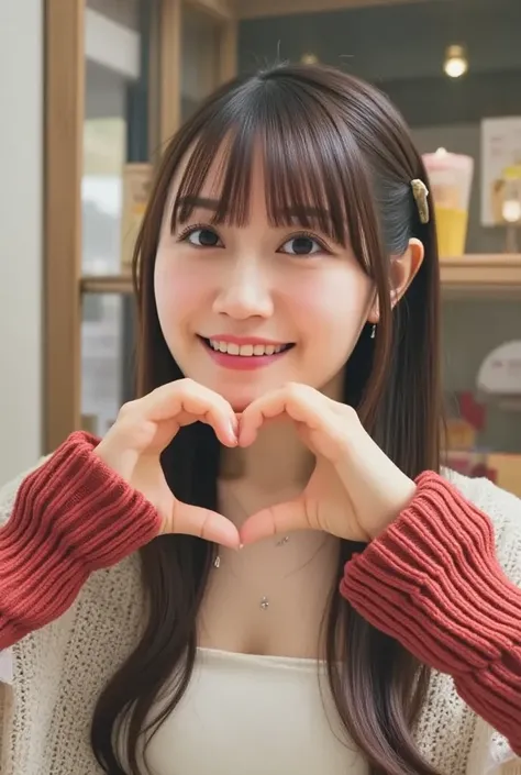  Im making a heart shape with both hands,NFSW、masterpiece、​masterpiece、 One girl 、( face close-up 、 Cowboy Shot )、 seen from the front、 Japanese 、 Very young and pretty woman、( the prettiest girl in the world )、、Small face、large full breasts、Autumn knit ja...