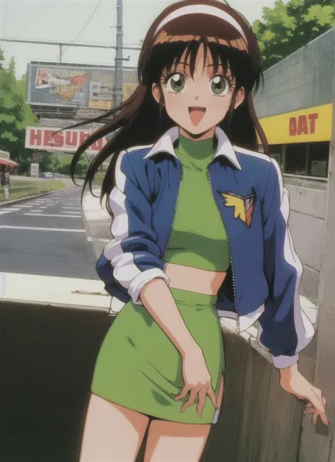 Asusdol,1 girl, Alone, heart, hair ornament, green eyes、 jacket, Green Dress, retro art style for stilets, open mouth, 1990s ( style for stilets), looking at viewer, smile, outdoors on the street at night, null, cowboy shot, clevis cut out, race queen