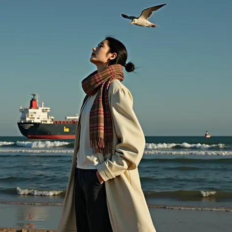  An Asian woman in a white jacket and plaid scarf standing on the beach，The background is a large ship。 This person is looking up at the sky ， head tilted backwards ， You can see a bird flying above her head 。 The beach is sandy ，The sea is deep blue， You ...