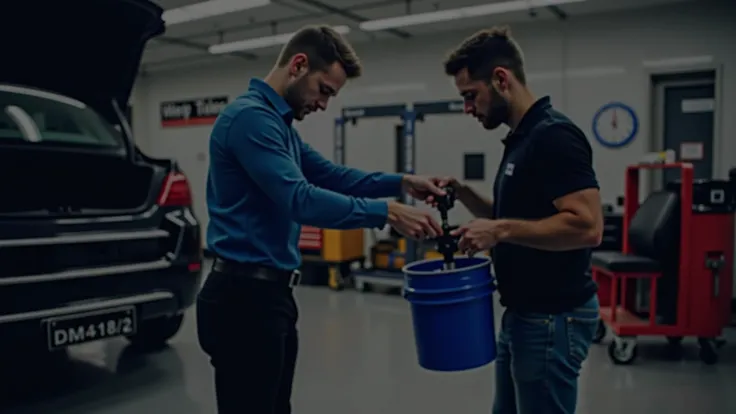 Content Image 2 (Application/Usage):
"Wide shot of a clean, well-lit professional automotive workshop interior showing a mechanic in neat work attire using a 5-gallon bucket oil pump to service a vehicle. The scene should be well-organized with professiona...