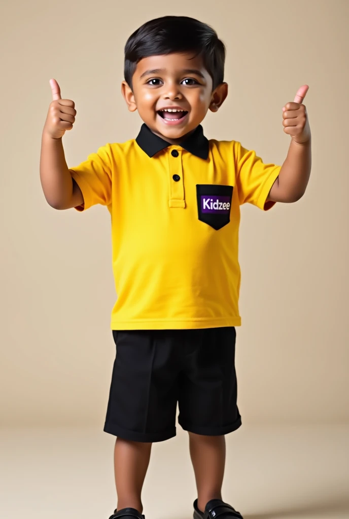 A photo of a 3- Indian boy wearing a yellow polo school uniform with a black collar and a purple KIDZEE logo on the pocket, also wearing black half pant and shoes. The boy is raising his hands and giving a thumbs up. He is happy about his school admission....