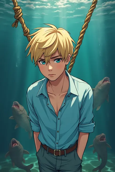  illustration 

a handsome 17-year-old boy with a defined body blond with blue eyes wearing a light blue V-neck blouse tied by braided cords. tied by a rope and hung upside down over a tank filled with water and angry piranhas .