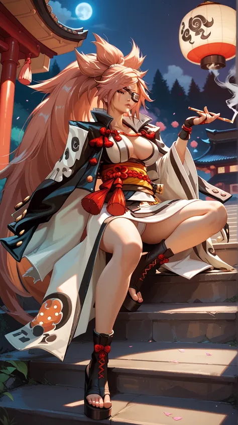  Sexy Baiken from Guilty Gear, In a Japanese castle ,  sitting on a staircase, smoking a Japanese kiting,  at night,