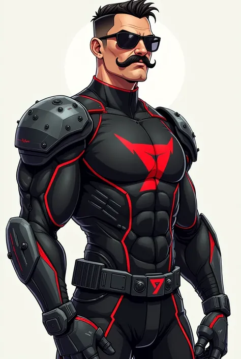  has a character with a curved mustache , muscular, glasses, black shirt with 7 red on the back and front
 The exoskeleton can be integrated into the muscular visual as an accessory. Design:  metallic black with red details ,  geometric and asymmetric line...