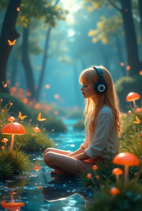 Blond girl  with headphones sitting in the middle of a magical garden, neon butterflies, River of clear blue water and spring, mini golden fairies, glowing mushrooms, extremely beautiful landscape, (ultrarealistic) (wide open field view) (low lighting: 1.0...