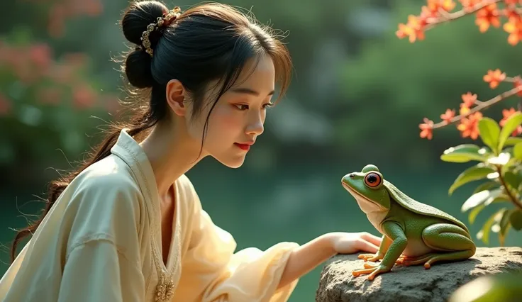 Give me a picture of a 25 year old Chinese girl talking to a frog