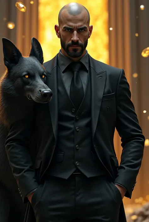  God Hades dressed in an elegant black suit, accompanied by Cerberus,  Look at the viewer,  black eyes, shaved and black beard ,  short wavy hair color black ,  athletic build ,  gold mine and diamond background 