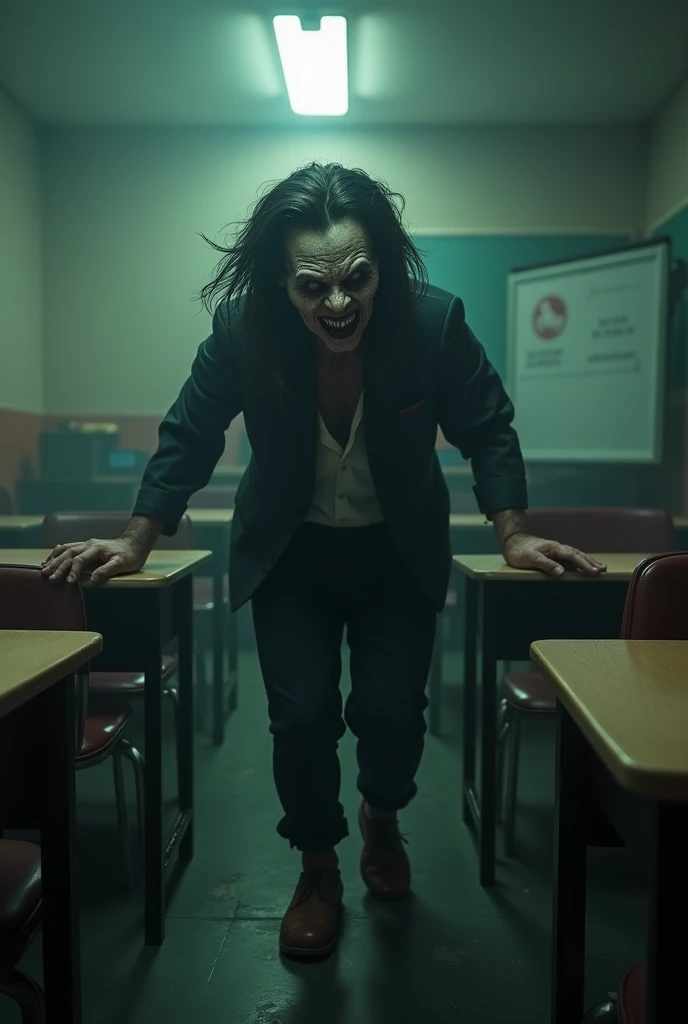  A single student inside a classroom , a terrifying student ,  whose face is creepy looking terrifying, Very terrifying 