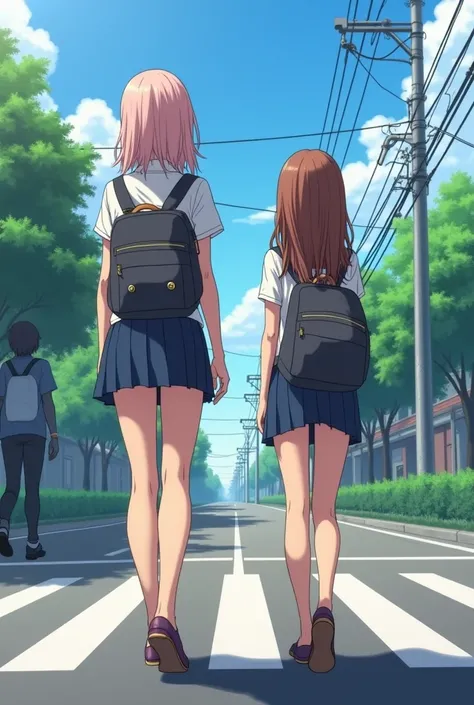 (( top quality )), ((masterpiece)), (  Details), At the Crossroads、 how female high school students compare leg lengths with men passing by .  female high school students walk beside passers-by men 　The height of male passers-by is 160 cm 　The height of fe...