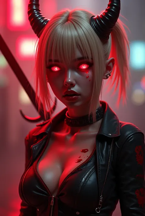 Female half demon half human blonde pixie cut  3D blood splatter 3D swords glowing red 3D neon city amazing detail realistic 3D real character style extremely detailed 3D blood on camera red glowing eyes small horns wearing black and red female roaring 3D ...