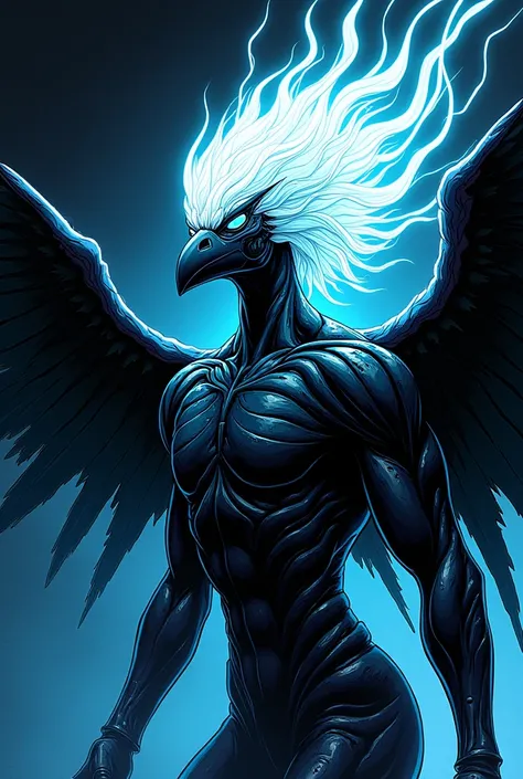 Comic: black space alien thunderbird with glowing, white flowing hair, and gives off a neon blue aura