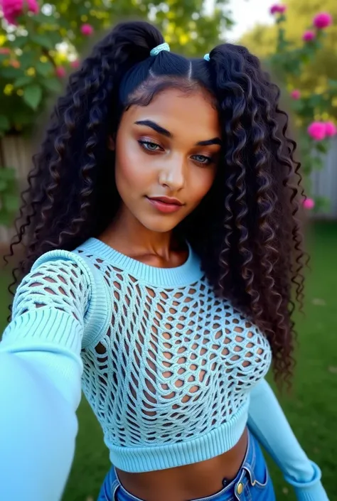  Dark-skinned Amazonian woman,  curly hair, pigtails,  Long and voluminous , Sky color crochet sweatshirt,  taking a selfie , same background, ( small breasts ), neckline,  WIDE HIPS,  fine winding,  big ass and thick thighs. In the flowery garden .  Green...