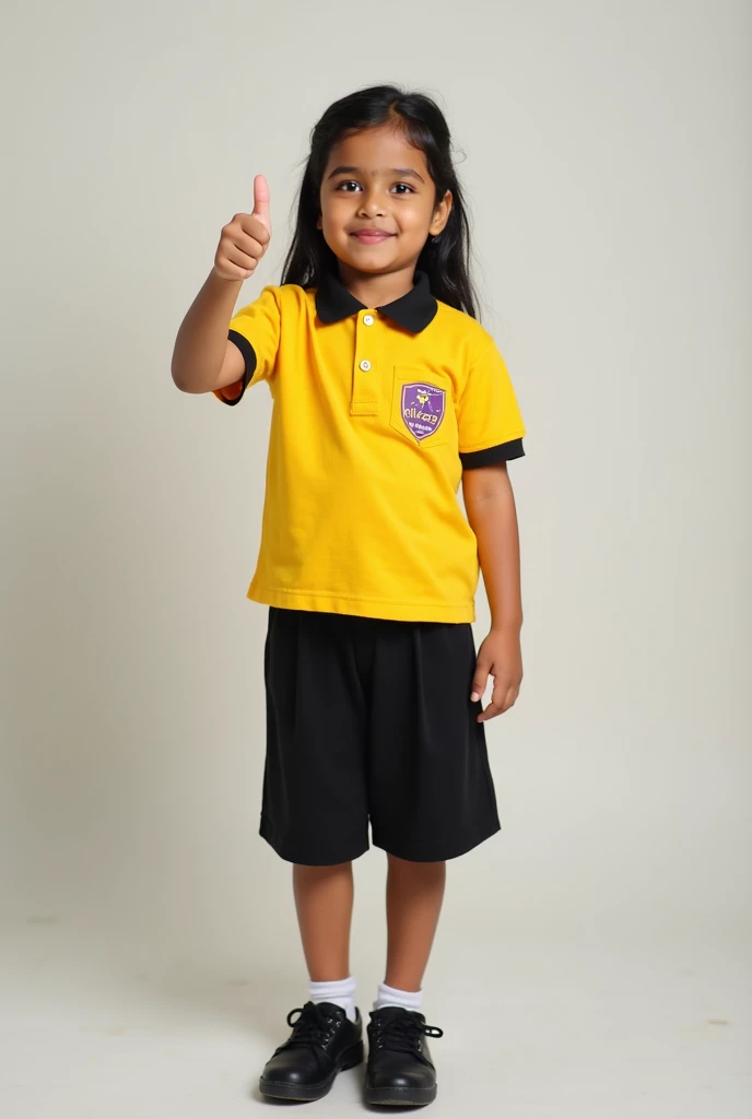 A photo of a s Indian girl skin complexion fair wearing a yellow polo school uniform with a black collar and a purple KIDZEE logo on the pocket, also wearing black half pants and shoes. The girl is raising her one hand and giving a thumbs up. she is happy ...