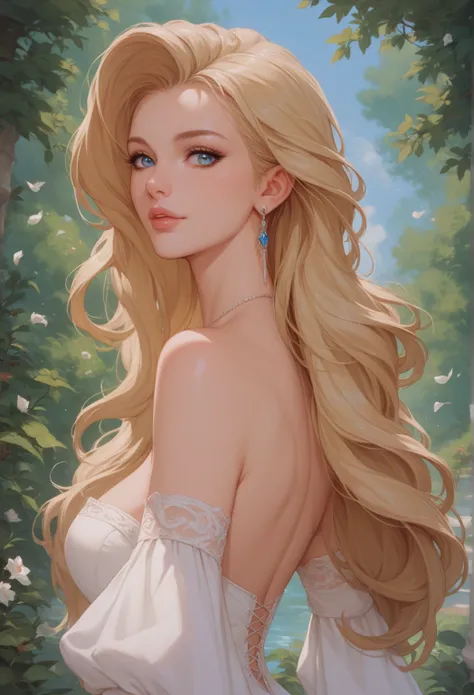 A beautiful blonde woman in her twenties. She is looking at the viewer with a gentle expression, standing. She has well shape lips, Azure eyes, long blonde hair. Wearing a white dress in a western setting, 1800s. 