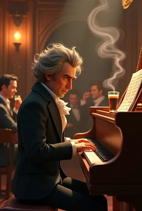 Short animation of Beethoven playing the piano with one hand in a bar