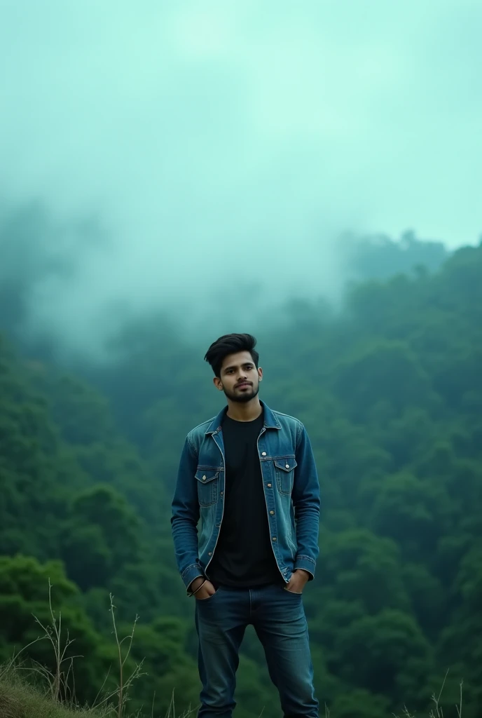 
A cinematic scene featuring a 26-year-old
Bangladeshi man standing on top of a hill. The background is filled with a deep green forest, with dense trees and mist surrounding the area. Soft clouds float in the sky, creating a moody and atmospheric environm...