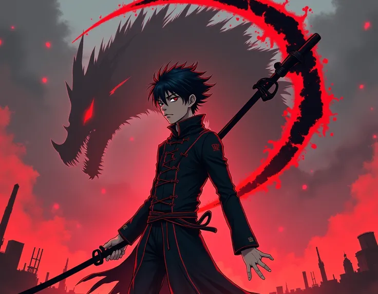  Give me a boy with black hair with a red tuft , His clothes are black with red lines , with a black scythe that gives off a 20-year-old red aura and that the background is apocalyptic, With a shadow dragon with red particles. All anime version