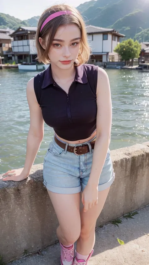 1girl ((30 years old woman)), NOT Dasha Taran, standing position, perfect body, best quality, 32k, photograph, full body (head to toe), tone mapping, ((houjou satoko,short hair,black hairband,blonde hair,violet eyes,hair between eyes,collared shirt,sleevel...