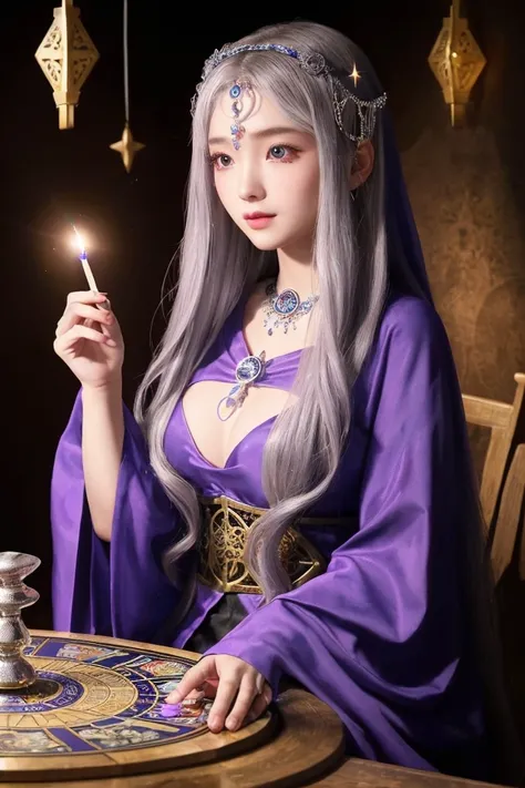  and a mysterious and beautiful illustration of a girl who is a fortune teller 。 long silver hair is drawn to flow 、Her eyes are mysterious purple 。 wears a robe with stars and crescent patterns 、 Im wearing a silver accessory with a delicate design。 The g...