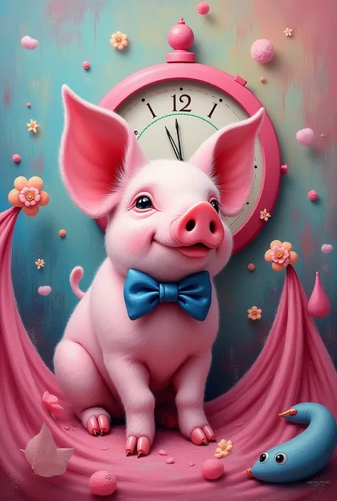 Draw a unique abstract painting featuring a cute pink pig with a blue bow tie and a pink clock and pink fabric.