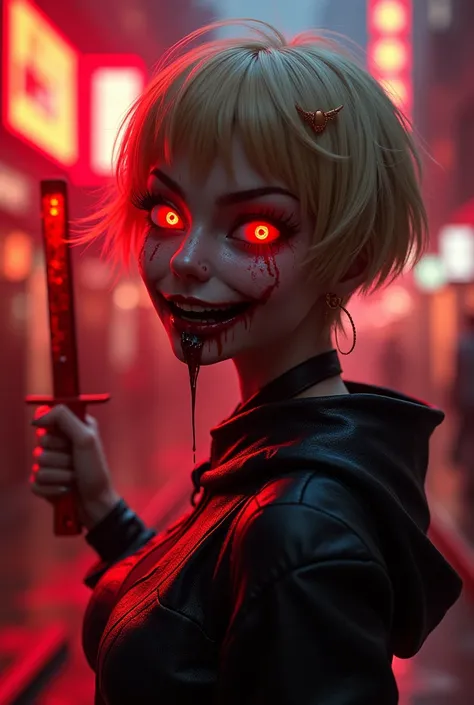 Female  blonde pixie cut  3D blood splatter 3D swords glowing red 3D neon city amazing detail realistic 3D real character style extremely detailed 3D blood on camera red glowing eyes wearing black and red female evil scream 3D blood dripping from teeth  fu...